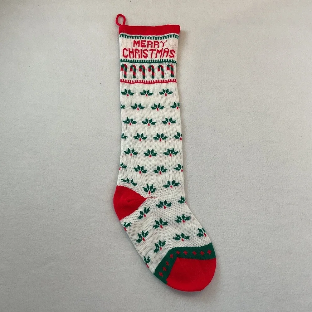 Christmas‎ Stocking Knitted Knit White Candy Canes Holly Leaves Merry Taiwan